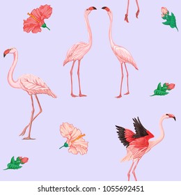 Seamless pattern, background. with pink flamingos and feathers on a soft ultra violet background. Stock vector illustration.