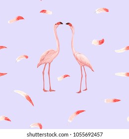 Seamless pattern, background. with pink flamingos and feathers on a soft ultra violet background. Stock vector illustration.