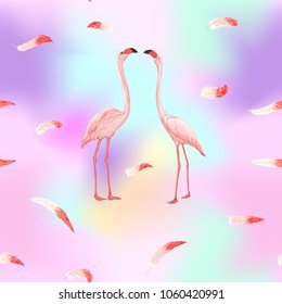 Seamless pattern, background. with pink flamingos and feathers on In light ultra violet pastel colors on mesh pink, blue background. Stock vectorÂ illustration.