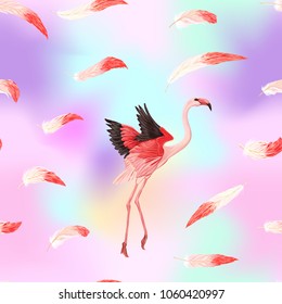 Seamless pattern, background. with pink flamingos and feathers on In light ultra violet pastel colors on mesh pink, blue background. Stock vectorÂ illustration.