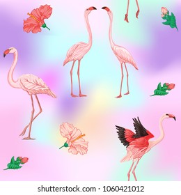 Seamless pattern, background. with pink flamingos and feathers on In light ultra violet pastel colors on mesh pink, blue background. Stock vectorÂ illustration.