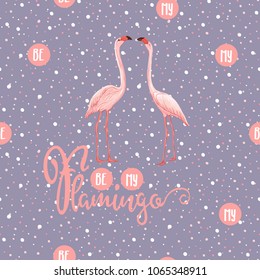 Seamless pattern, background. with pink flamingos and feathers on a soft ultra violet and dots background. Stock vectorÂ illustration.