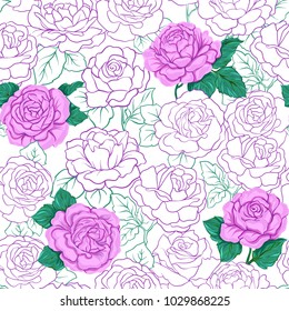 Seamless pattern, background with pink roses, isolated on white background. Hand drawn colorful vector illustration without transparent and gradients.