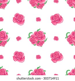 Seamless pattern background pink roses with green vine.White background.