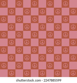Seamless pattern, background with pink squares, peace sign in hippie style
