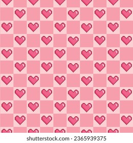 Seamless pattern background of pixel hearts in romantic style, in pink  tones. Wallpaper for Valentine's day