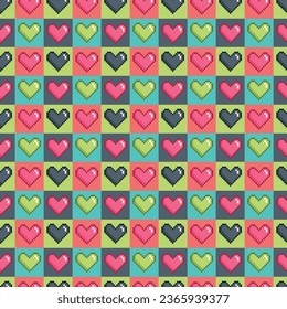 Seamless pattern background of pixel hearts in fun and pop style, in pink green and gray colors. Wallpaper for Valentine's day