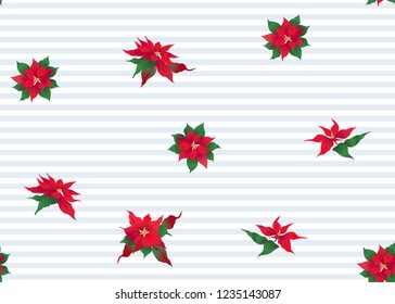 Seamless pattern, background with Poincetti flowers. Colored vector illustration. On blue and white stripes background.