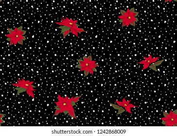 Seamless pattern, background with Poincetti flowers. Colored vector illustration. On black background with dots.