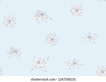 Seamless pattern, background with Poincetti flowers. Outline hand drawing vector illustration.