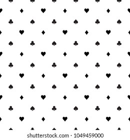 Seamless pattern background of poker suits - hearts, clubs, spades and diamonds - arranged in the rows on white background. Casino gambling theme vector illustration.