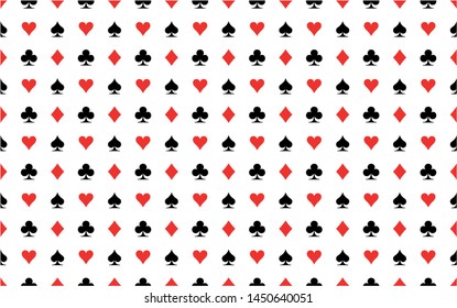 Seamless pattern background of poker suits, hearts, clubs, spades and diamonds on white background isolated. Casino gambling theme vector illustration. Abstract wallpaper.