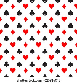 Seamless pattern background of poker suits - hearts, clubs, spades and diamonds - arranged in the rows on white background. Casino gambling theme vector illustration.