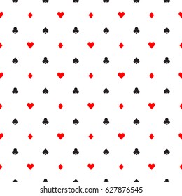 Seamless pattern background of poker suits - hearts, clubs, spades and diamonds - arranged in the rows on white background. Casino gambling theme vector illustration.