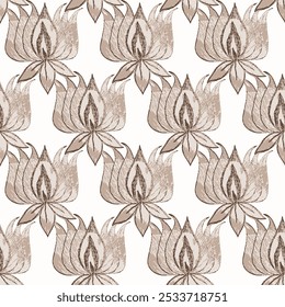 seamless pattern background. Print summer trendy exotic abstract brown theme color symmetric lotus flowers seamless vector pattern for  backgrounds, wallpapers, textiles, and fashion.