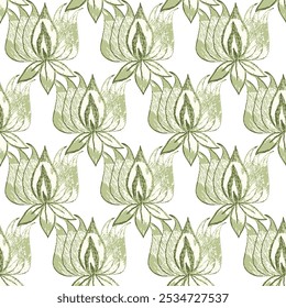 seamless pattern background. Print trendy exotic abstract green  color symmetric lotus flowers seamless vector pattern for  backgrounds, wallpapers, textiles, and fashion.