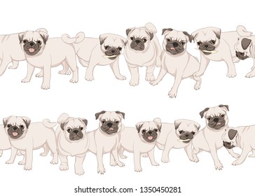 Seamless pattern, background with pug dogs. Colored vector illustration. Isolated on white background.