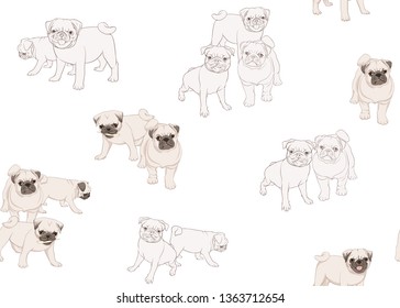 Seamless pattern, background with pug dogs. Colored and outline design. Vector illustration. Isolated on white background.
