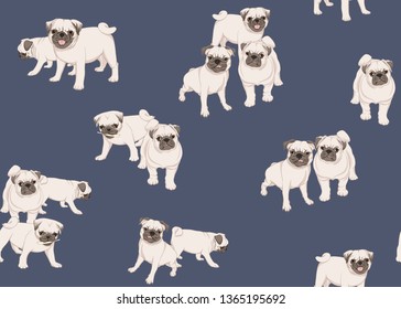 Seamless pattern, background with pug dogs. Colored  design. Vector illustration. On blue background.