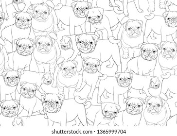 Seamless pattern, background with pug dogs. Colored vector illustration. Isolated on white background.