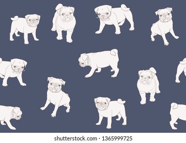 Seamless pattern, background with pug dogs. Outline design. Vector illustration. On blue background.