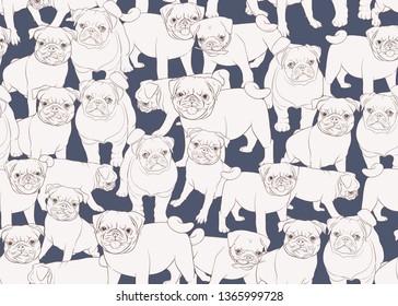 Seamless pattern, background with pug dogs. Outline design. Vector illustration. On blue background.