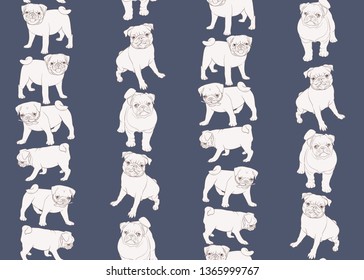 Seamless pattern, background with pug dogs. Outline design. Vector illustration. On blue background.