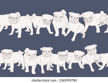 Seamless pattern, background with pug dogs. Outline design. Vector illustration. On blue background.
