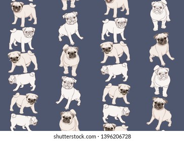 Seamless pattern, background with pug dogs. Colored and outline design. Vector illustration. On blue background.