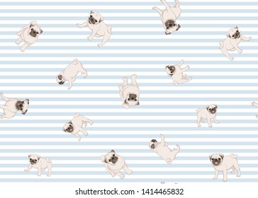 Seamless pattern, background with pug dogs. Colored  design. Vector illustration. On blue and white stripes background.