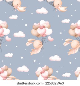 Seamless pattern background. Rabbit and balloon. Watercolor illustration. Design for paper, fabric, child’s room