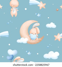 Seamless pattern background. Rabbit and balloon. Watercolor illustration. Design for paper, fabric, child’s room