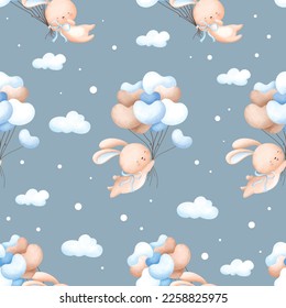 Seamless pattern background. Rabbit and balloon. Watercolor illustration. Design for paper, fabric, child’s room