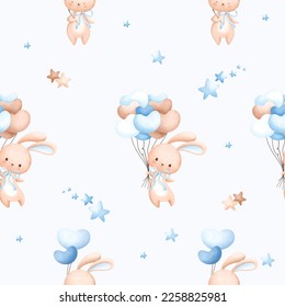 Seamless pattern background. Rabbit and balloon. Watercolor illustration. Design for paper, fabric, child’s room