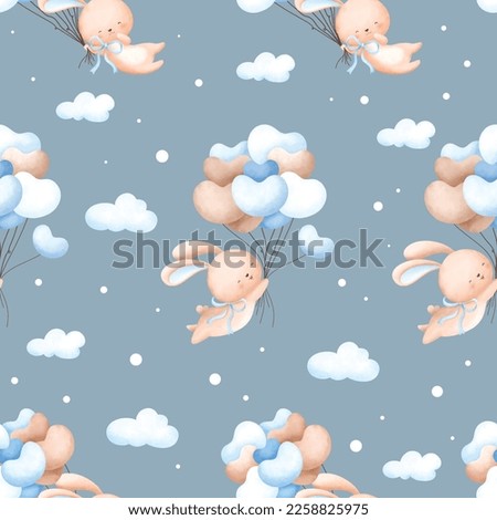 Seamless pattern background. Rabbit and balloon. Watercolor illustration. Design for paper, fabric, child’s room