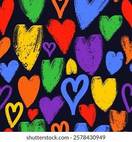 Seamless pattern background rainbow heart love Pride Month. Multicolor LGBT LGBTQ tolerance. Template wrapping present gift paper. LGBTQ+ brush stroke vector wallpaper design seamless pattern.