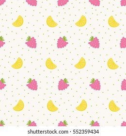 Seamless pattern background with raspberries and lemons