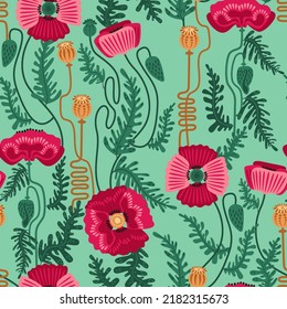 seamless pattern, background with red blooming poppies, red wild flowers vector illustration