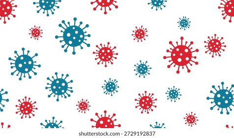 Seamless pattern background of red and blue virus or bacteria cells symbolizing a pandemic or medical theme on white.