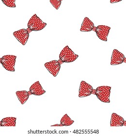 Seamless pattern background with red bow-tie. Vector backdrop for holiday decorating greeting cards for wedding, bridal, birthday, Valentine's day, new year, Christmas.