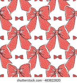 Seamless pattern background with red bow-tie and dotted red bow. Vector backdrop for holiday decorating greeting cards for wedding, bridal, birthday, Valentine's day, new year, Christmas.