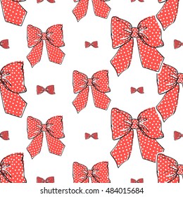 Seamless pattern background with red bow-tie and dotted red bow. Vector backdrop for holiday decorating greeting cards for wedding, bridal, birthday, Valentine's day, new year, Christmas.