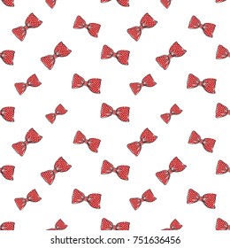 Seamless pattern background with red bow-tie. Vector backdrop for holiday decorating greeting cards for wedding, bridal, birthday, Valentine's day, new year, Christmas.