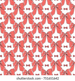 Seamless pattern background with red bow-tie and dotted red bow. Vector backdrop for holiday decorating greeting cards for wedding, bridal, birthday, Valentine's day, new year, Christmas.