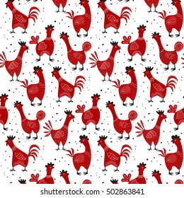 Seamless pattern background with red cartoon roosters on the white background.  Symbol of 2017 year. 