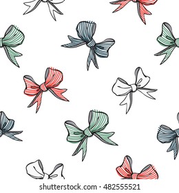Seamless pattern background with red, green, blue and white bow. Vector backdrop for holiday decorating greeting cards for wedding, bridal, birthday, Valentine's day, new year, Christmas.