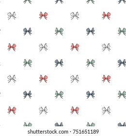 Seamless pattern background with red, green, blue and white bows. Vector backdrop for holiday decorating greeting cards for wedding, bridal, new year, Christmas.