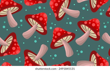 Seamless pattern background of red mushrooms with white spots, set against a muted green background dotted with light blue speckles.