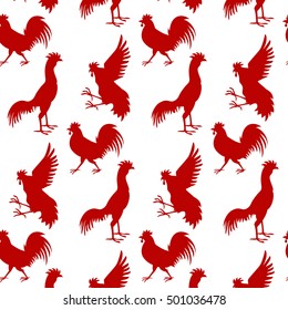 Seamless pattern background with red roosters. Symbol of 2017 year. 