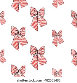 Seamless pattern background with red stripped bow. Vector backdrop for holiday decorating greeting cards for wedding, bridal, birthday, Valentine's day, new year, Christmas.